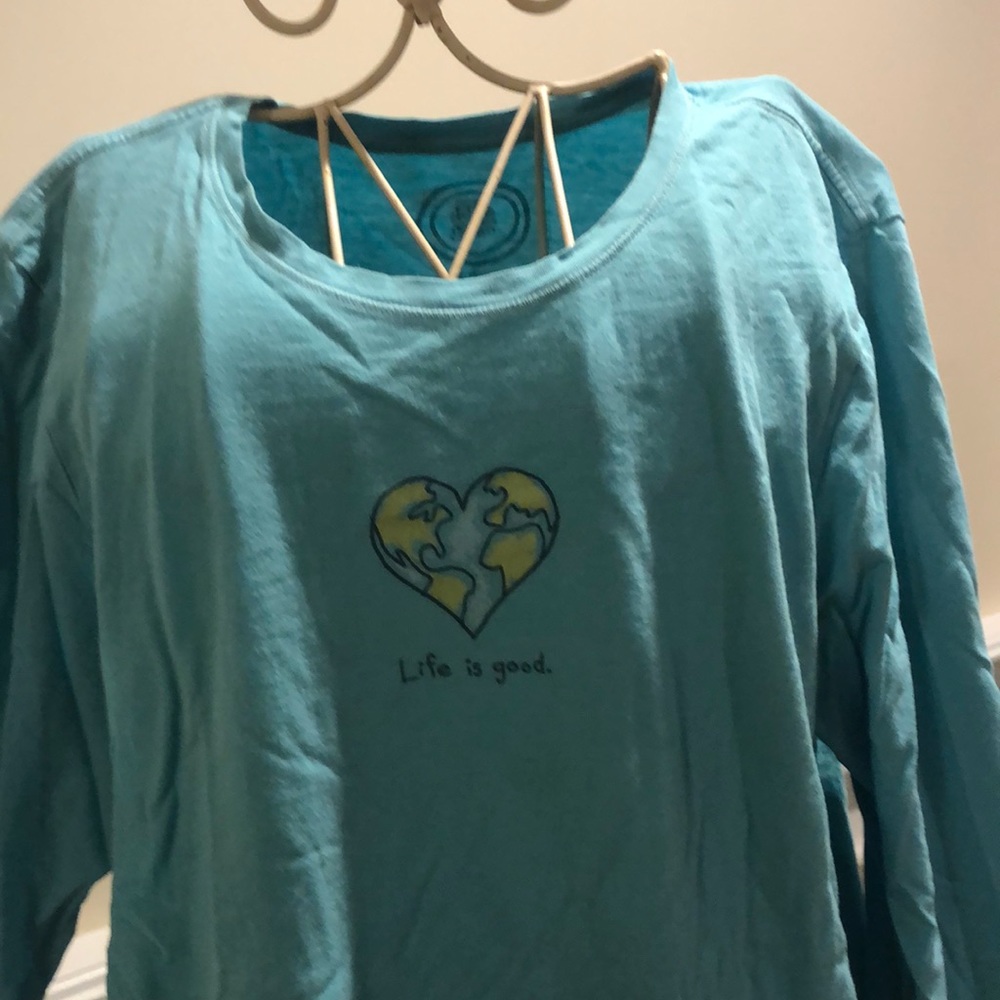 “Life is Good” teal color yoga top
